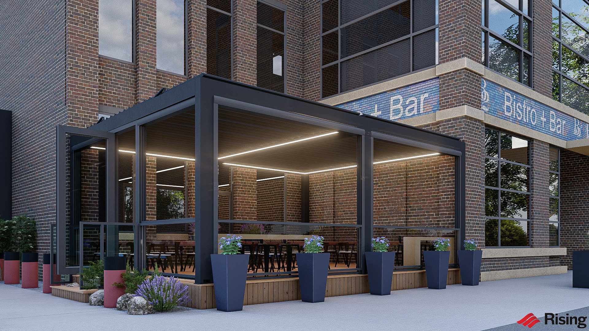 B2 Bistro Reading PA — Breslow-designed Azenco SkyTilt motorized louvered roof rendering